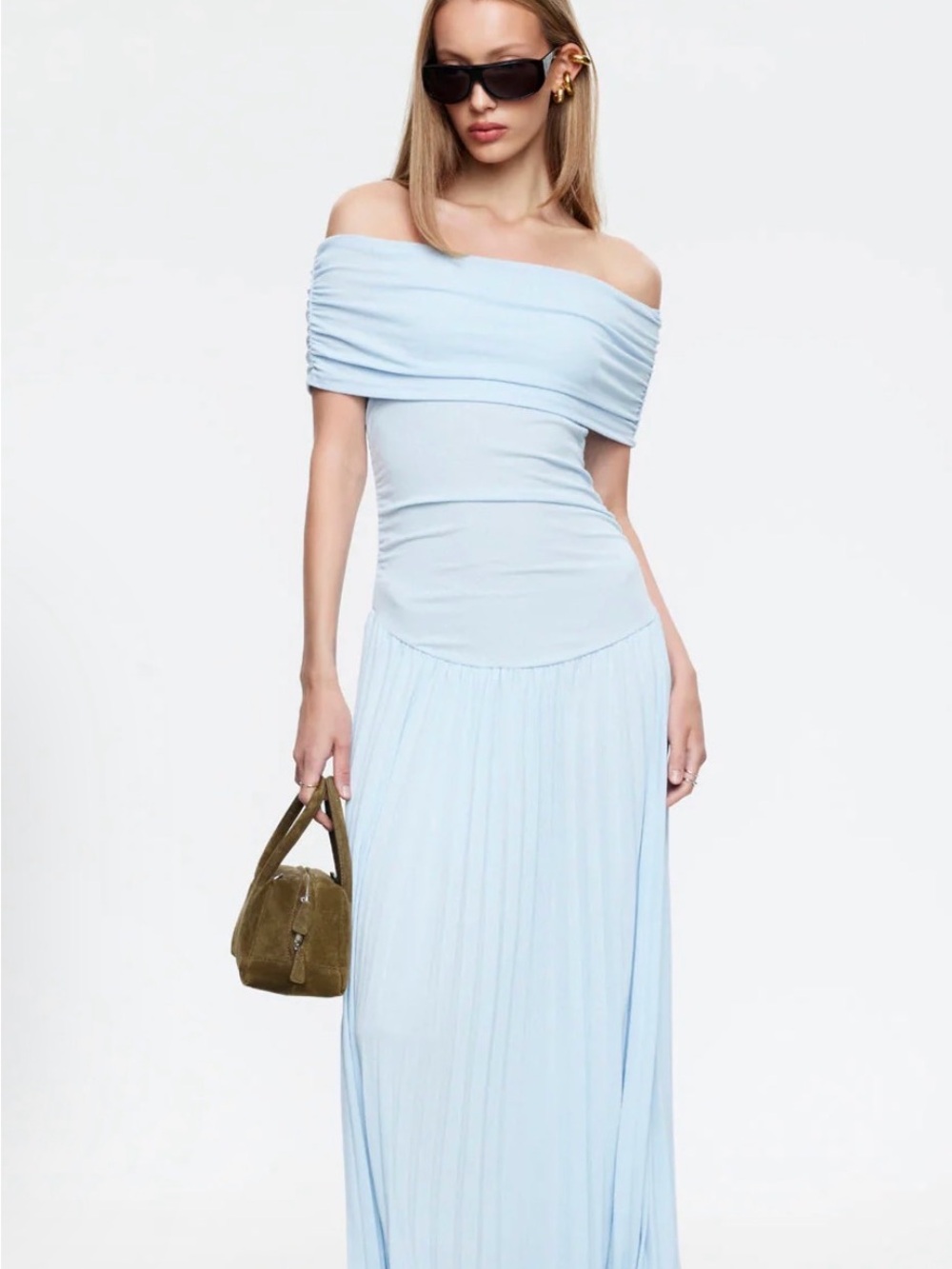 Lioness Soft Blue Off-Shoulder Pleated Drop Waist Maxi Dress NWT